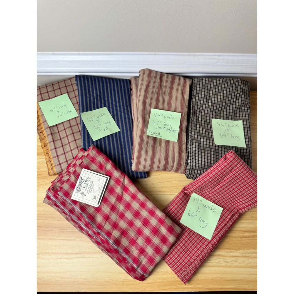 Lot 6 Homespun Cotton Fabric Remnants Primitive Ticking Stripe Gingham Plaid Red